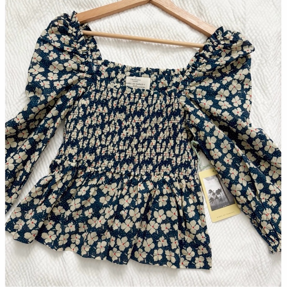 Trovata Smocked Cotton Voile Floral Boho Style Top